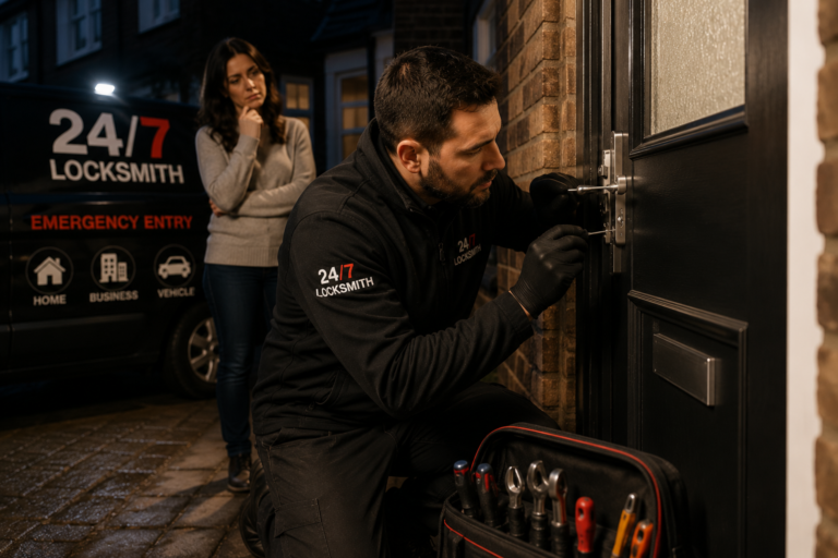 Emergency locksmith opening a residential door